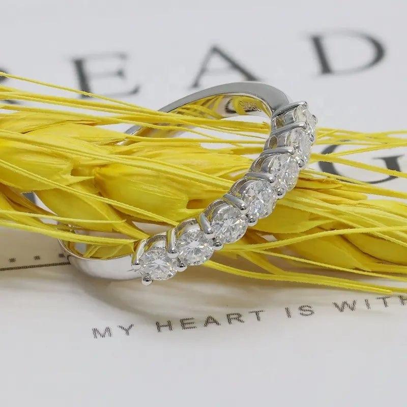 14k gold round stackable lab grown diamond wedding band, top angle view showing fine craftsmanship with brilliant sparkle
