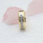 14k gold round two-tone lab grown diamond wedding band, top angle view showing fine craftsmanship