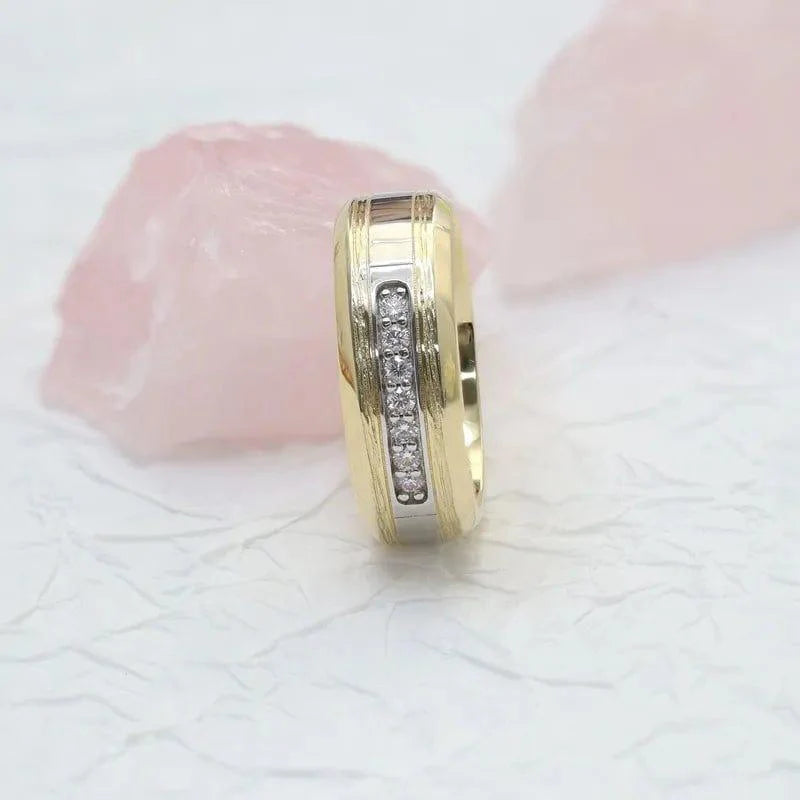 14k gold round two-tone lab grown diamond wedding band, top angle view showing fine craftsmanship