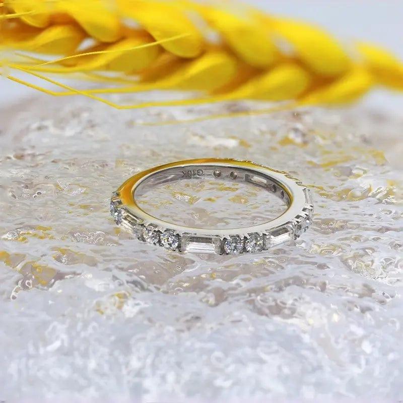 14k gold round dainty lab grown diamond wedding band, angled studio shot showing fine craftsmanship